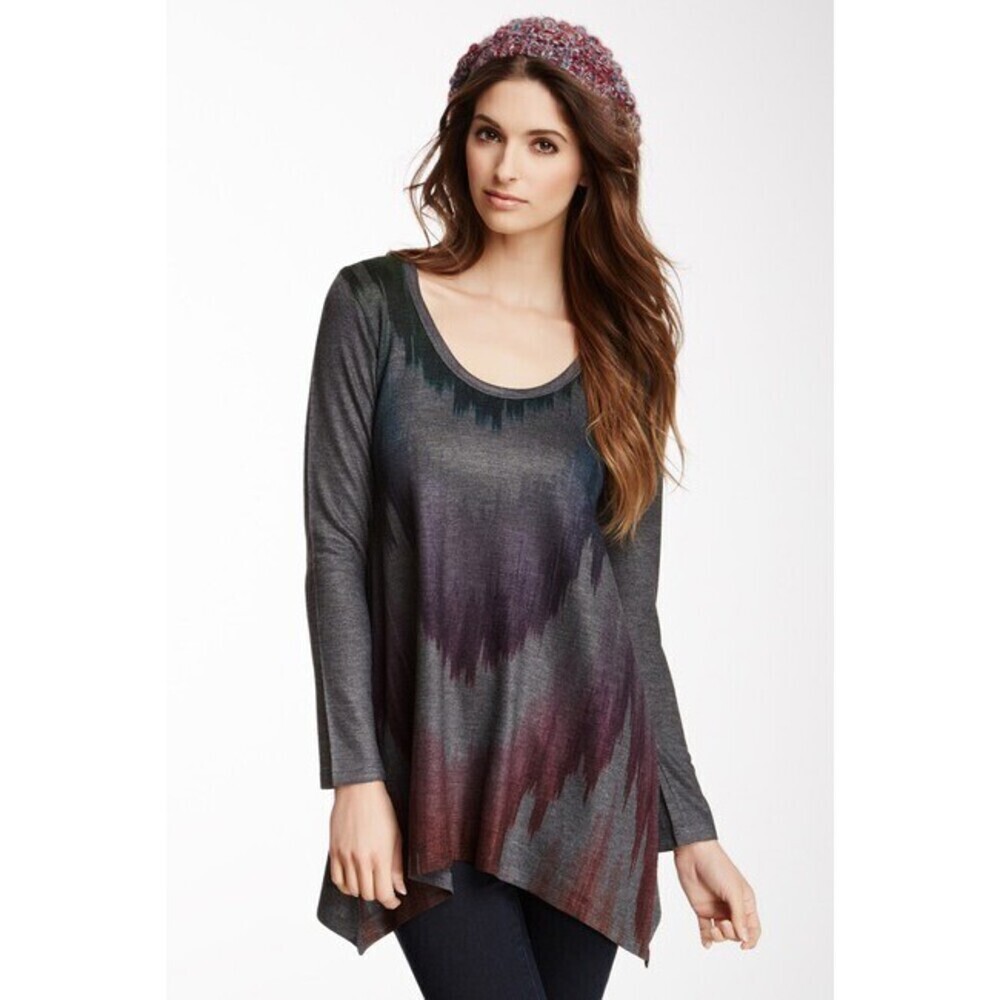 Go Couture Long Sleeve Handkerchief Tunic Sweater Charcoal Camo Print Sz L $233